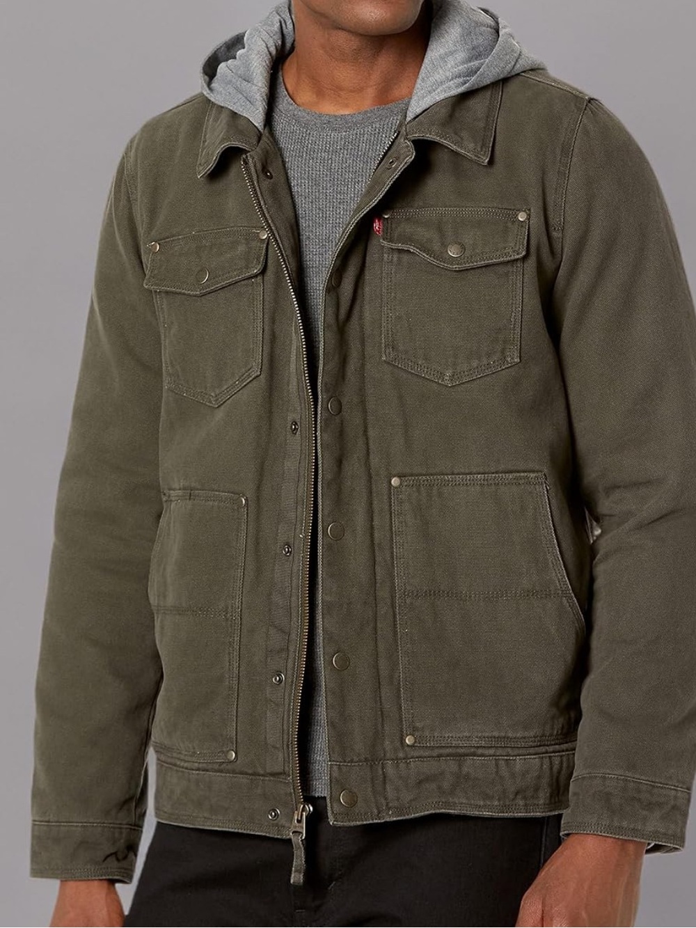 Levi's Trucker Jacket with Removable Hood Quilted Lining Size M Olive Zip Snap
